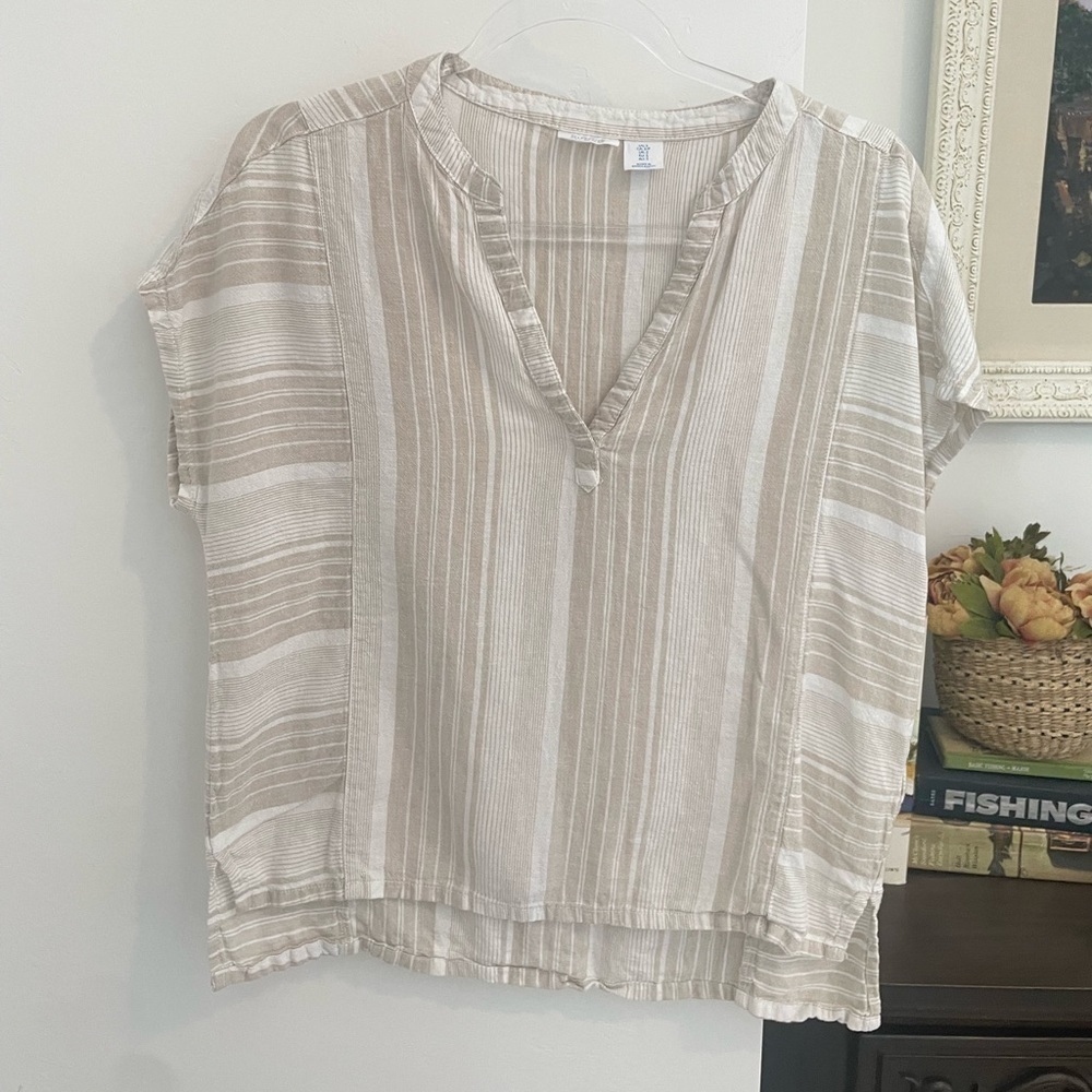 Sigrid Olsen Linen Blend Blouse Top S neutral minimal striped - Picture 2 of 8